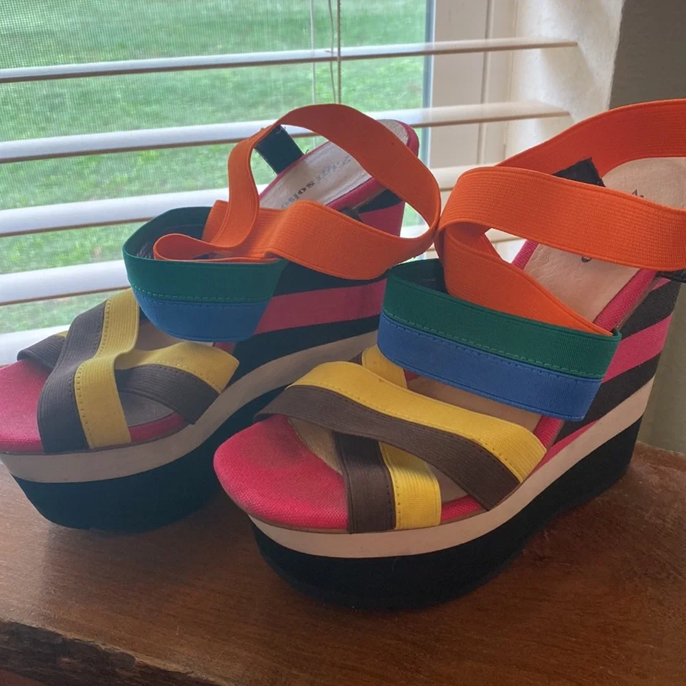 Zigi Soho Multicolor Striped Wedge Sandals - Orange, Pink, Yellow, Blue, Black